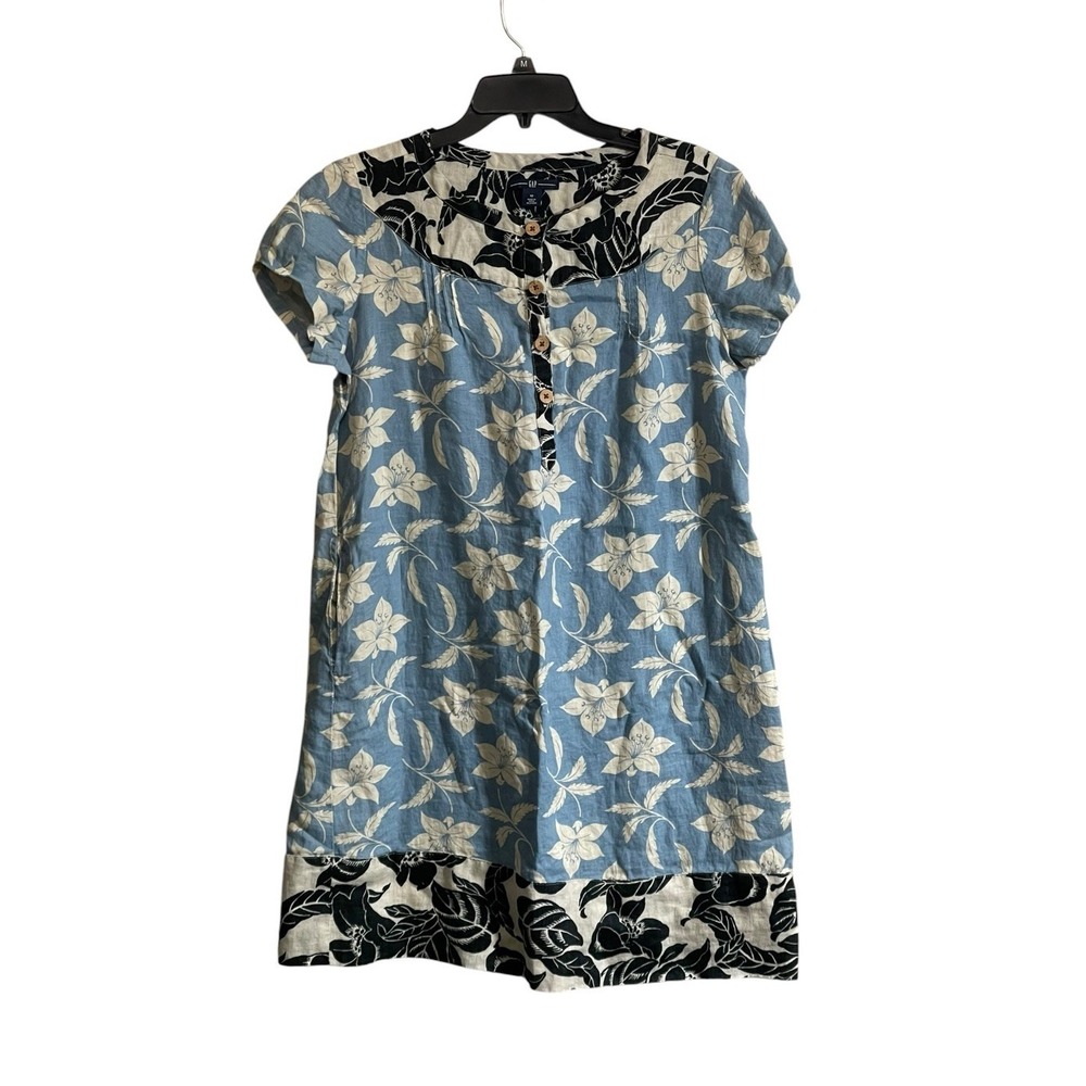 Gap Womens Size 12 Blue Floral 100%  Linen Shift Dress Beach Coastal Resortwear